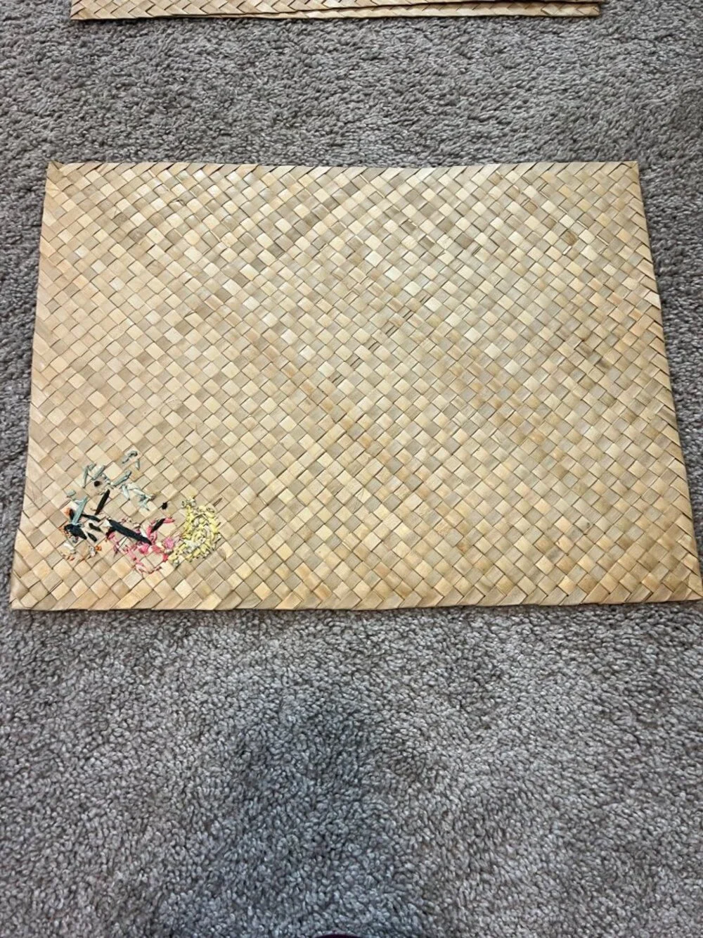 Set Of 4 Vintage Woven Straw Placemats With Embroidered Fruit Design